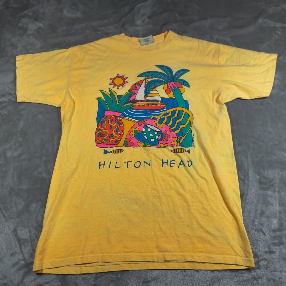 Vintage Hilton Head‎ Shirt Mens Large Yellow Single Stitch Viva La Wombat 90s